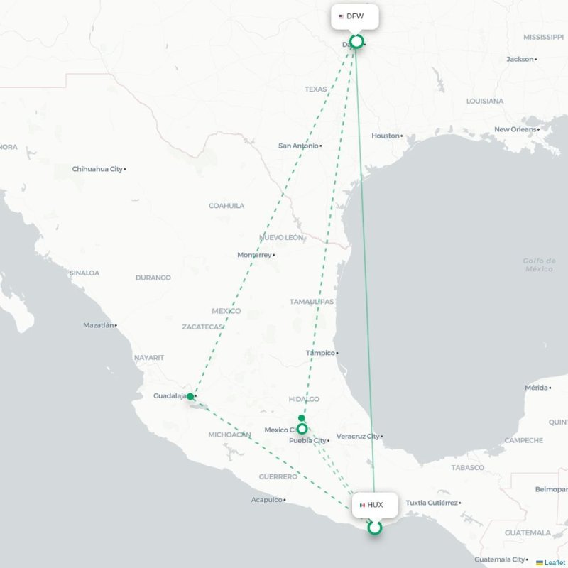 HUX - DFW route map