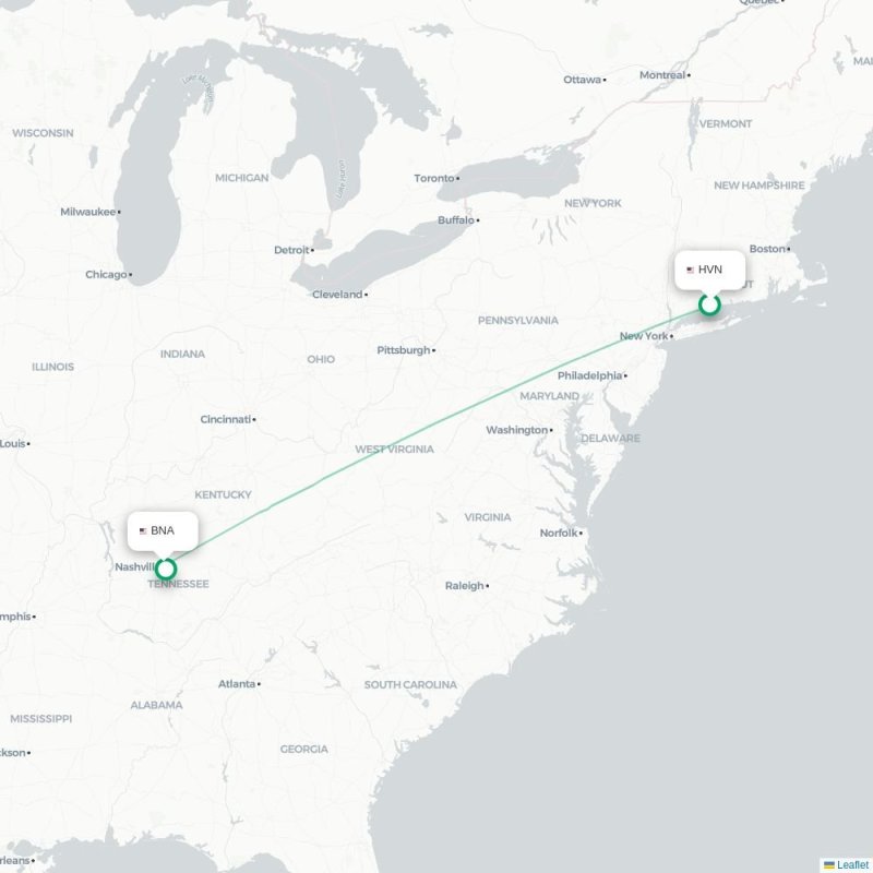 HVN - BNA route map