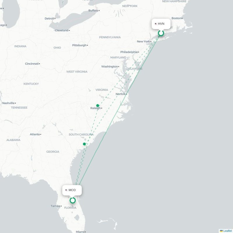 HVN - MCO route map