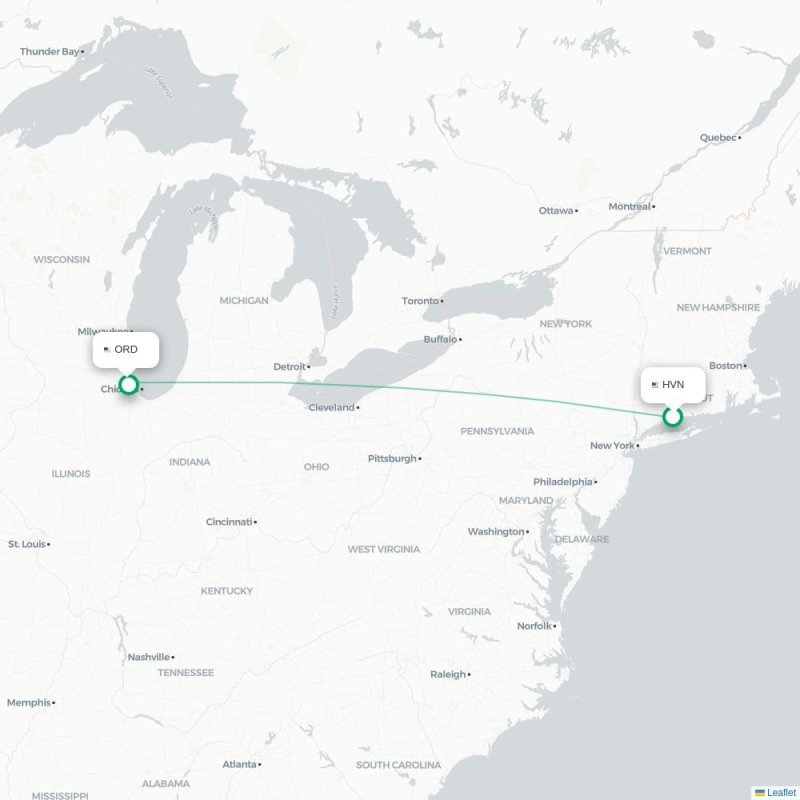 HVN - ORD route map