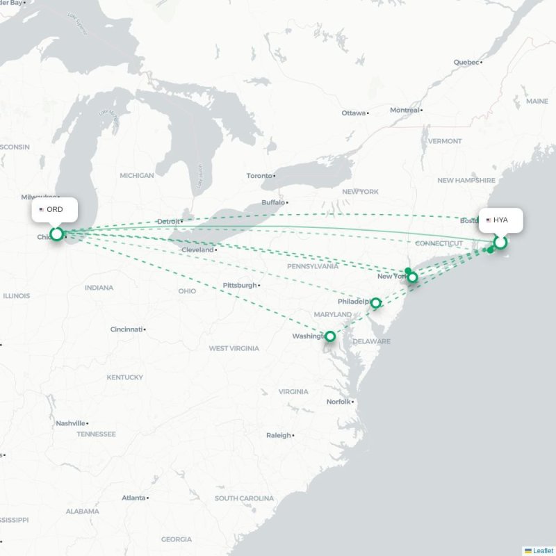 HYA - ORD route map