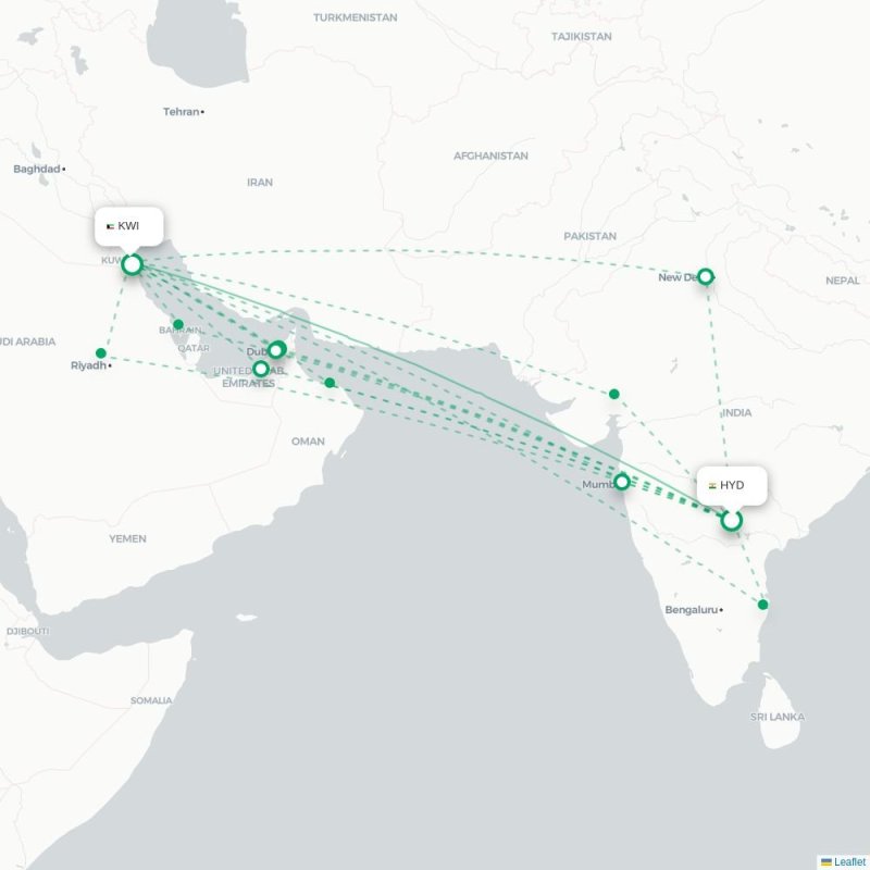 HYD - KWI route map