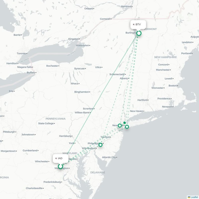 IAD - BTV route map