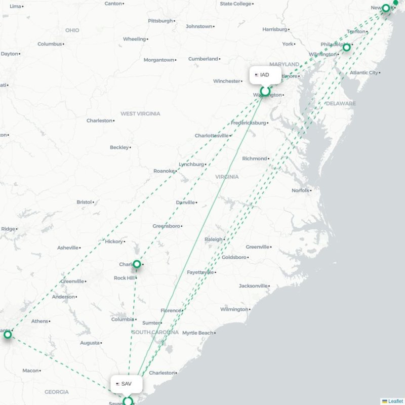 IAD - SAV route map