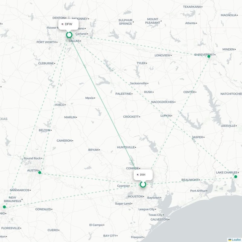 IAH - DFW route map
