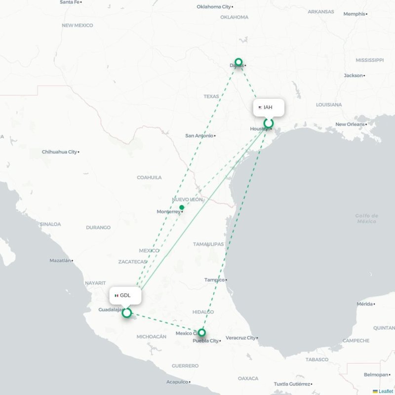 IAH - GDL route map