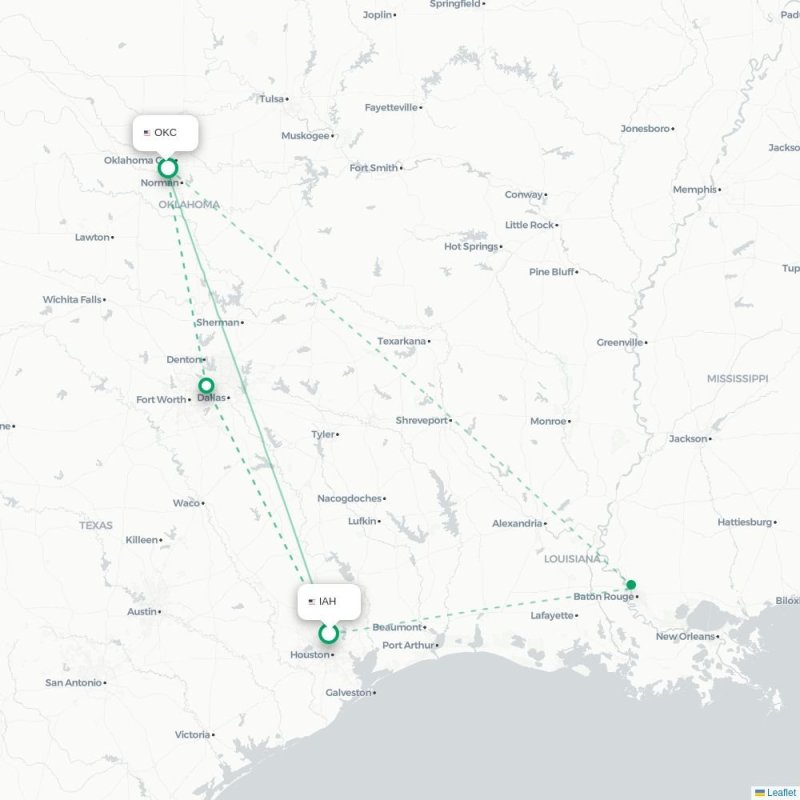 IAH - OKC route map