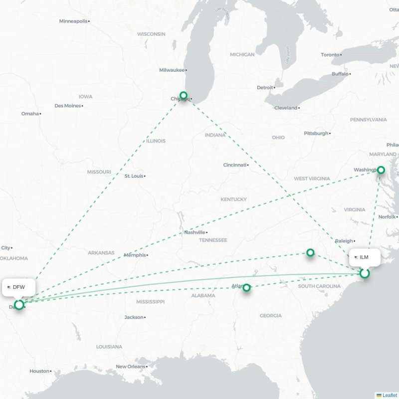 ILM - DFW route map