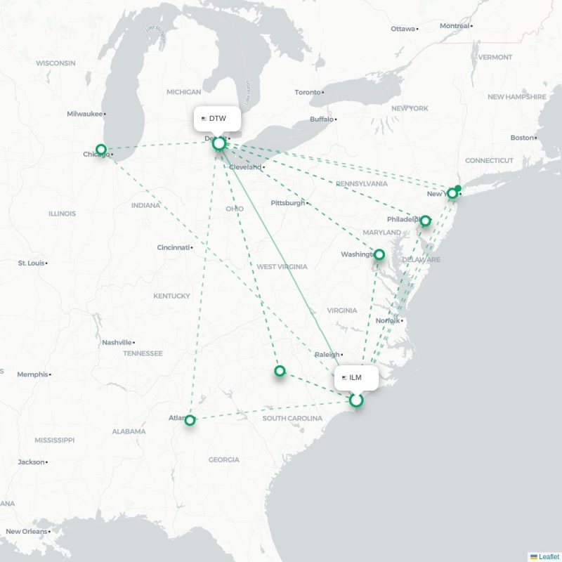 ILM - DTW route map