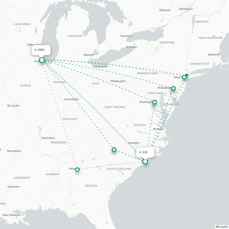 ILM - ORD route map