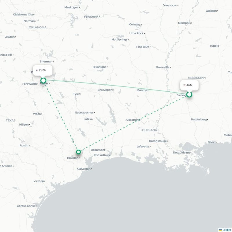 JAN - DFW route map