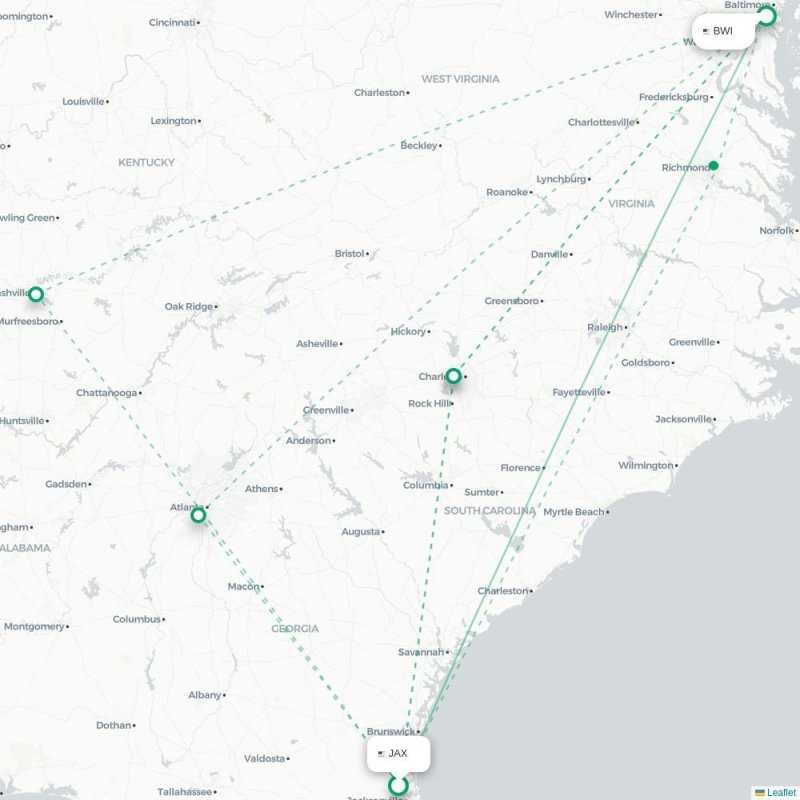 JAX - BWI route map