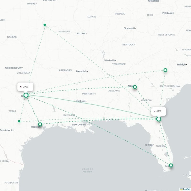 JAX - DFW route map