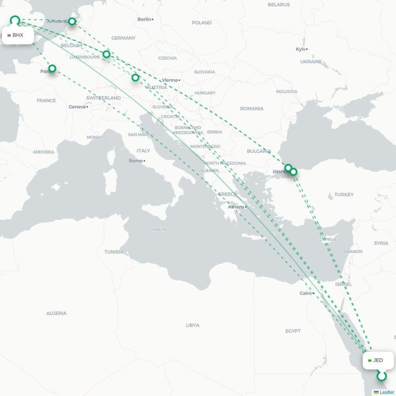 JED - BHX route map