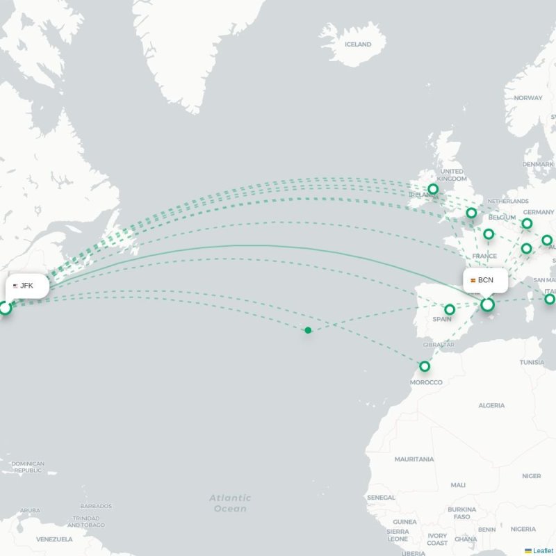 JFK - BCN route map