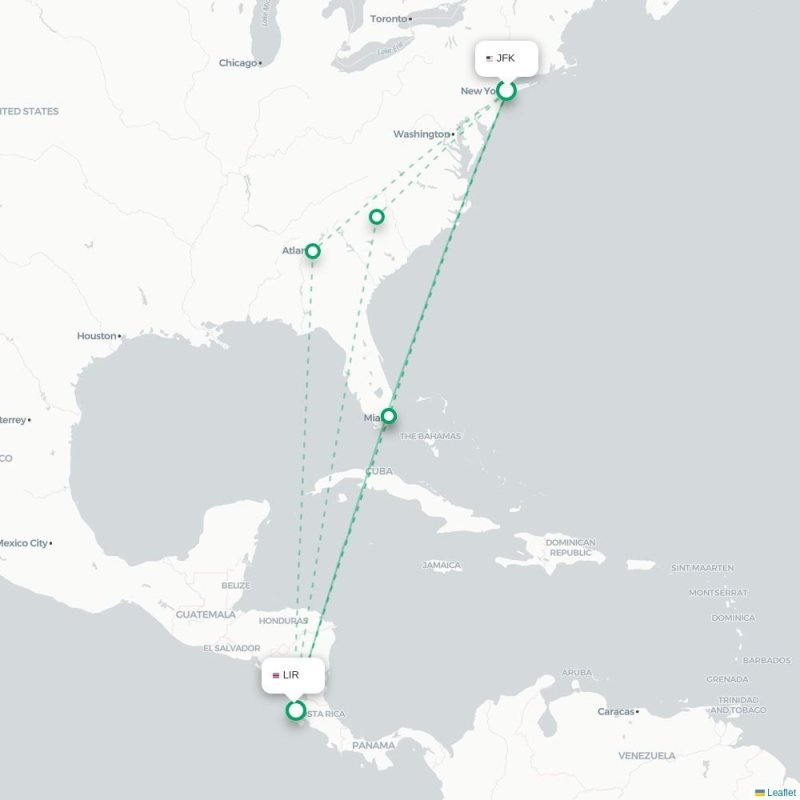 JFK - LIR route map