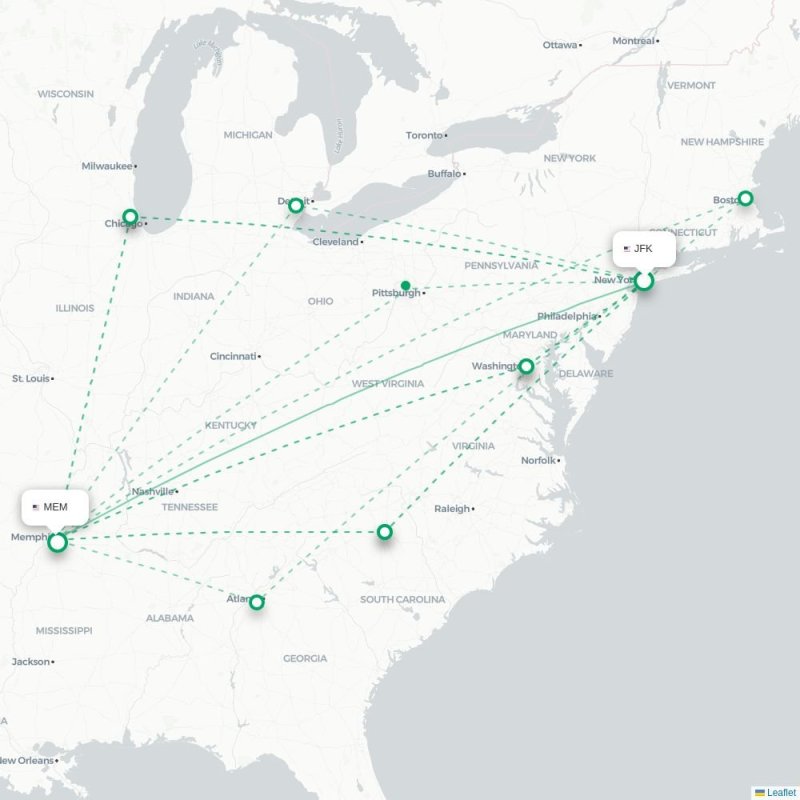 JFK - MEM route map