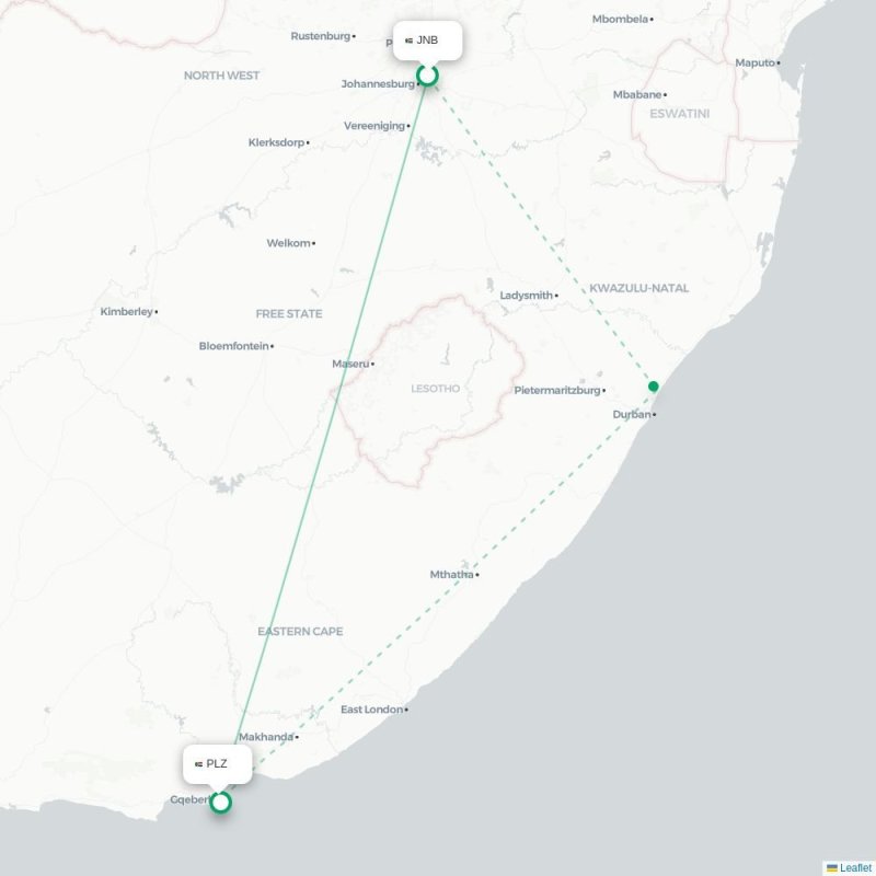 JNB - PLZ route map
