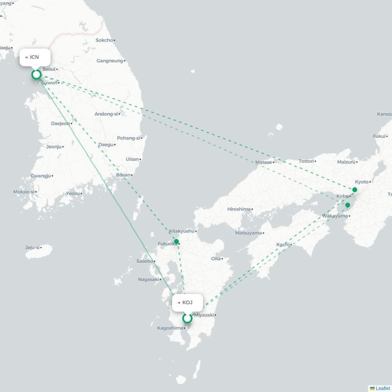 KOJ - ICN route map