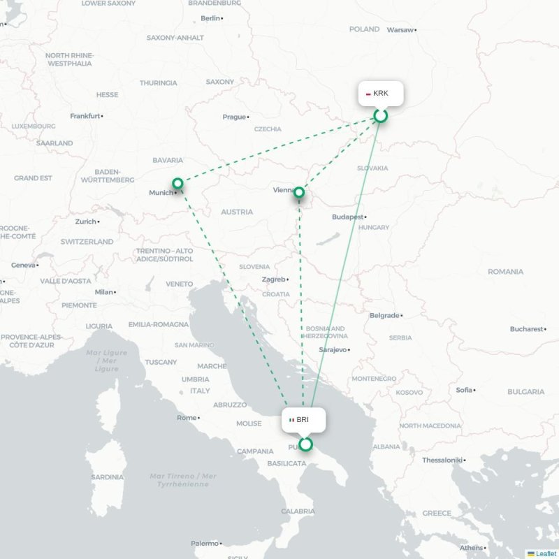 KRK - BRI route map