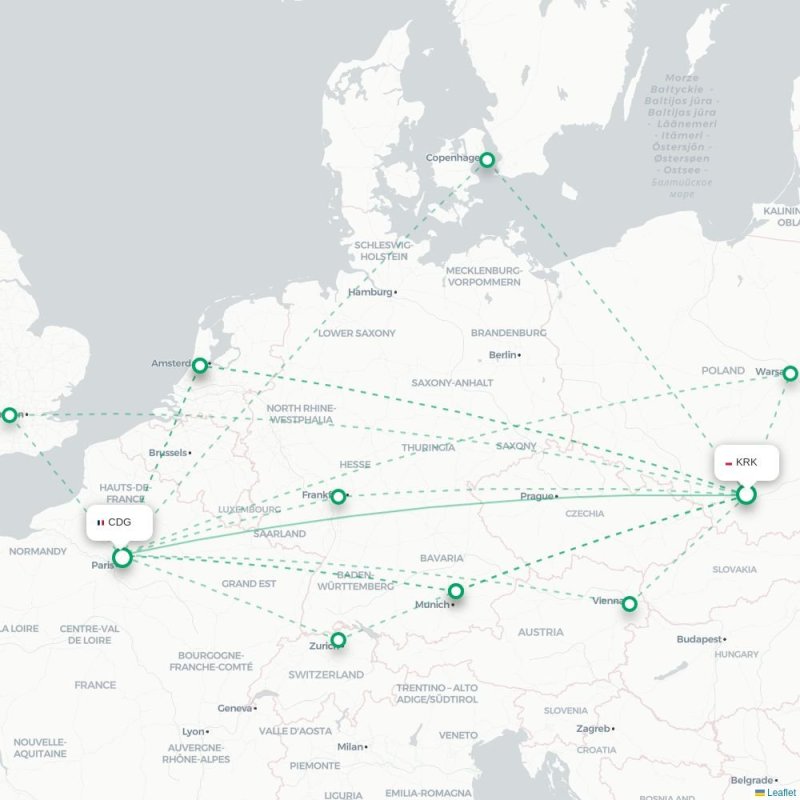 KRK - CDG route map