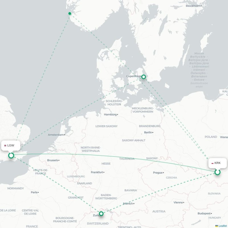 KRK - LGW route map