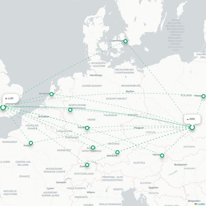 KRK - LHR route map
