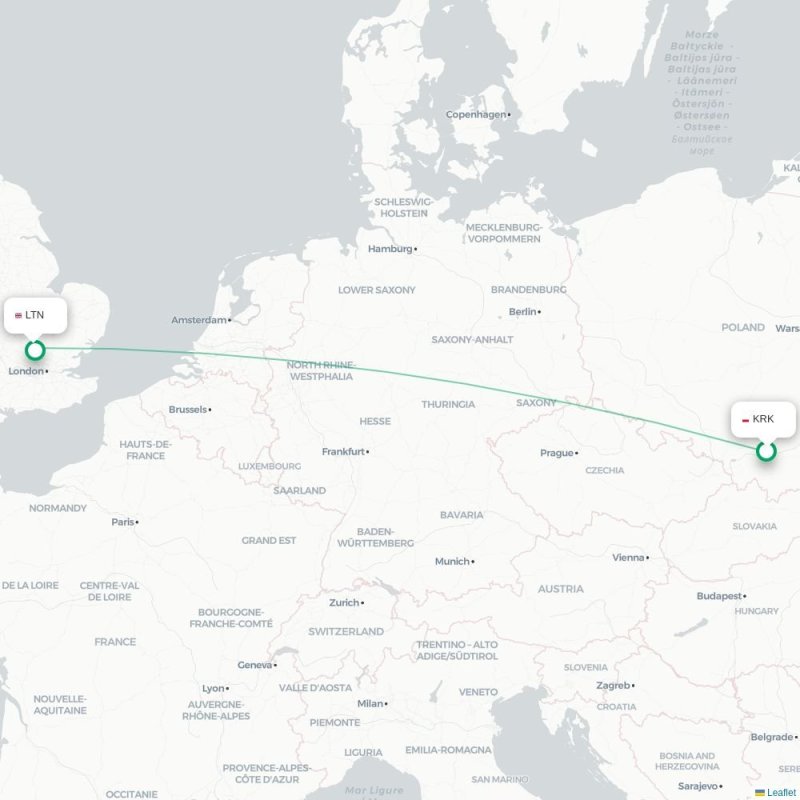 KRK - LTN route map