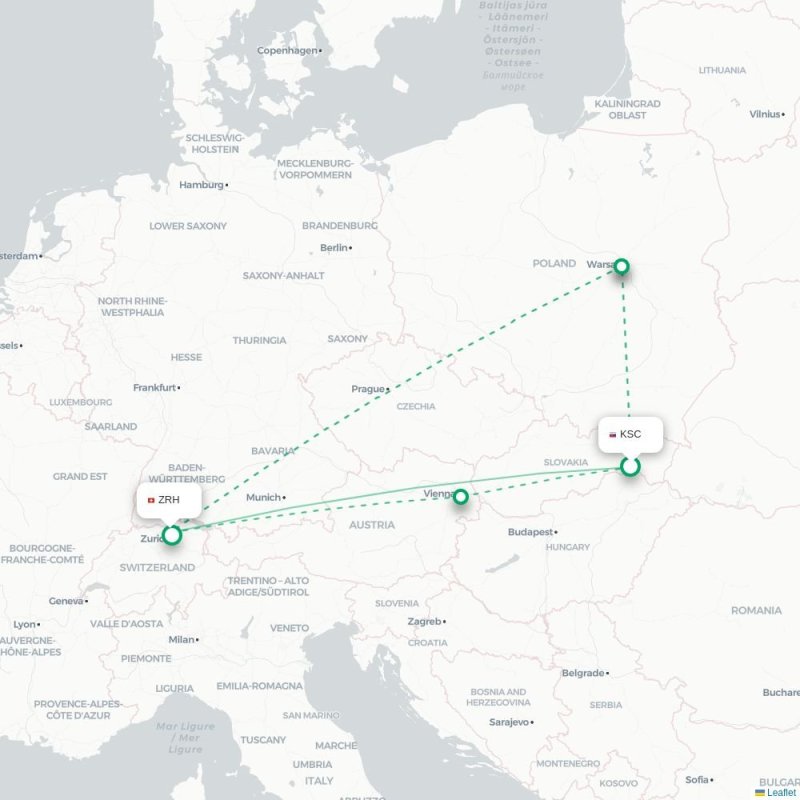 KSC - ZRH route map