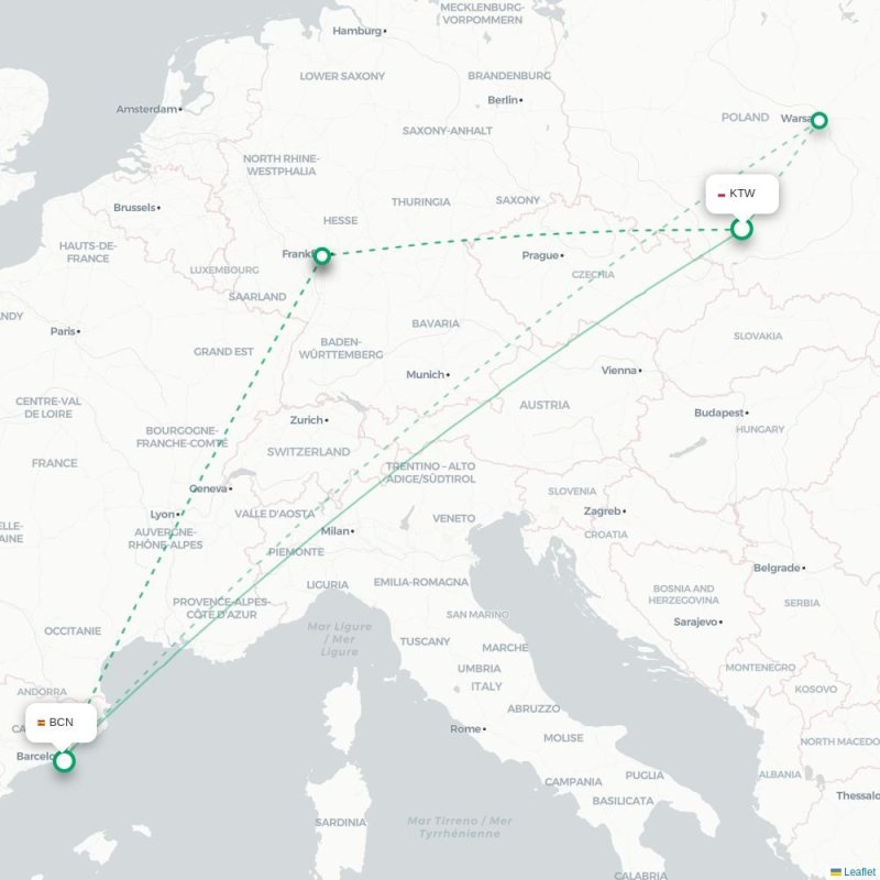 KTW - BCN route map