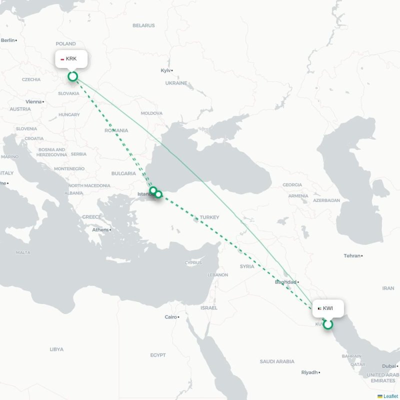KWI - KRK route map