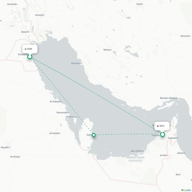 KWI - SHJ route map