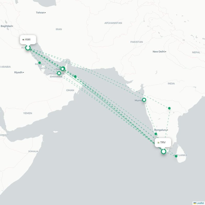 KWI - TRV route map