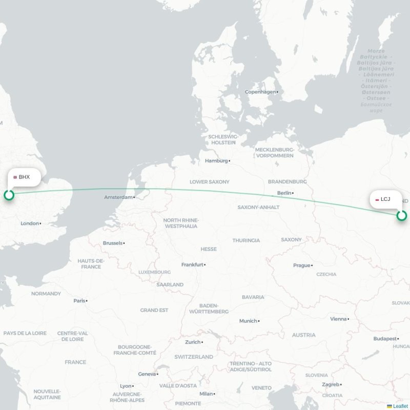 LCJ - BHX route map