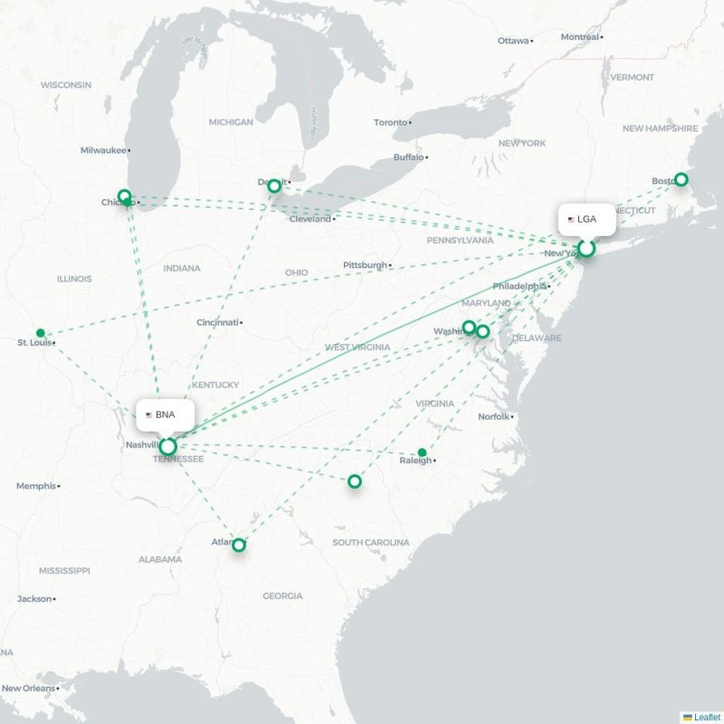 LGA - BNA route map