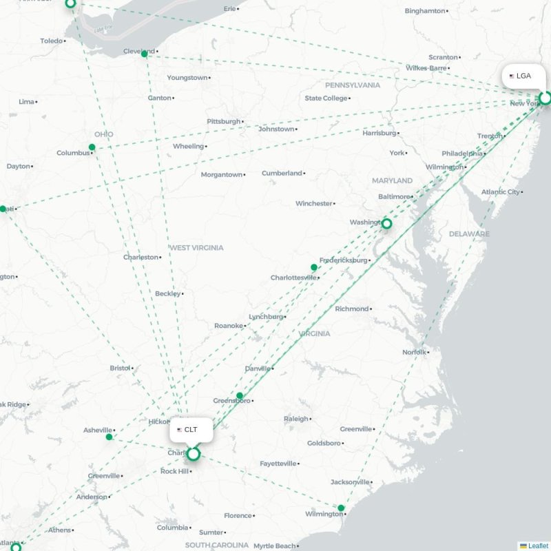 LGA - CLT route map