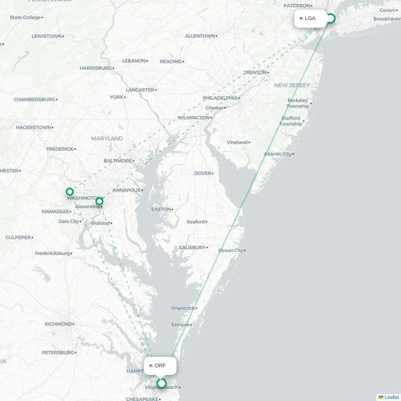 LGA - ORF route map