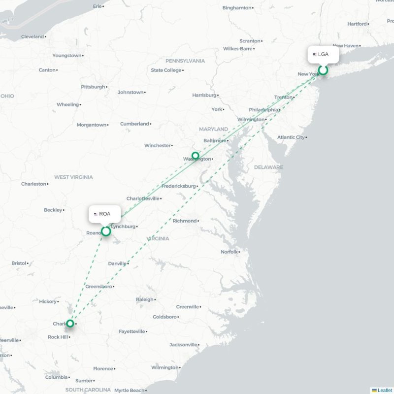 LGA - ROA route map