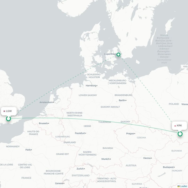 LGW - KRK route map