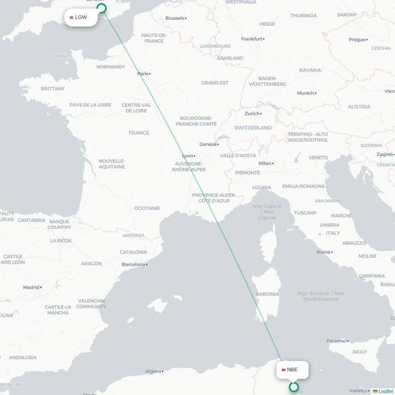LGW - NBE route map