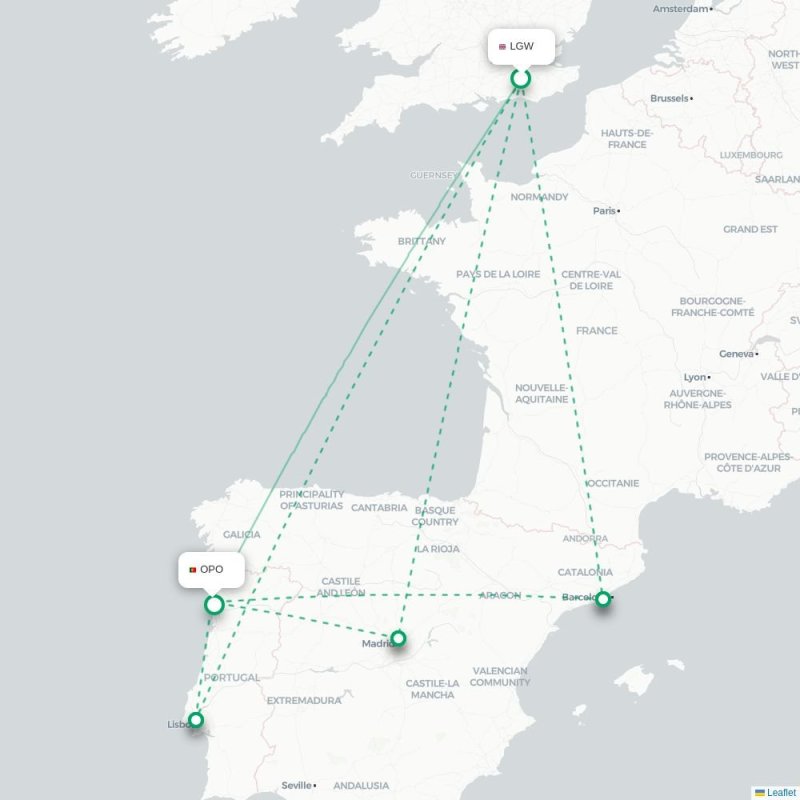 LGW - OPO route map