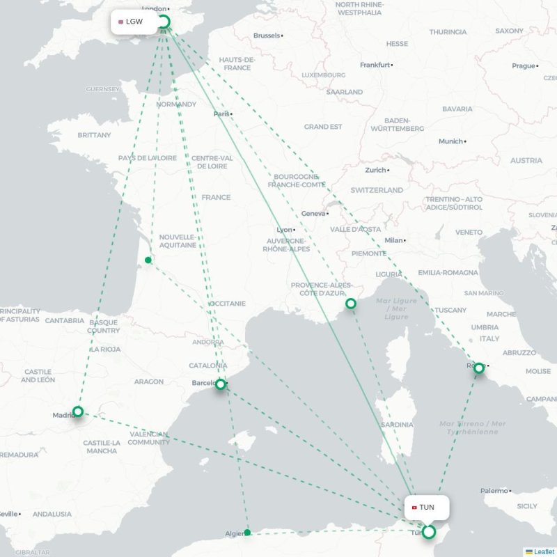 LGW - TUN route map