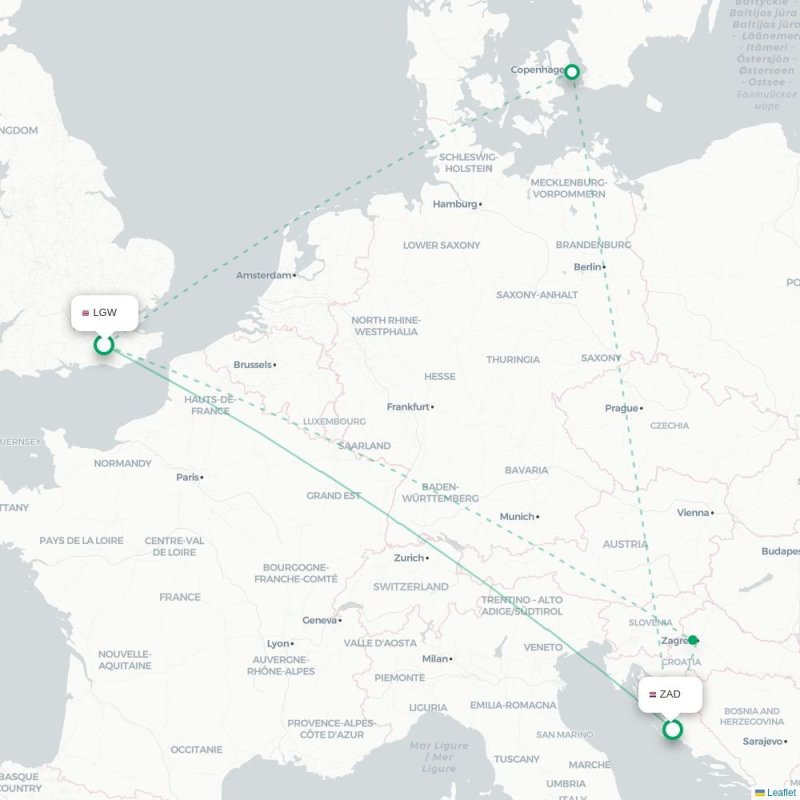 LGW - ZAD route map
