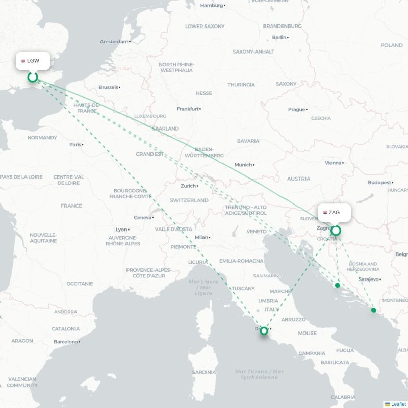 LGW - ZAG route map