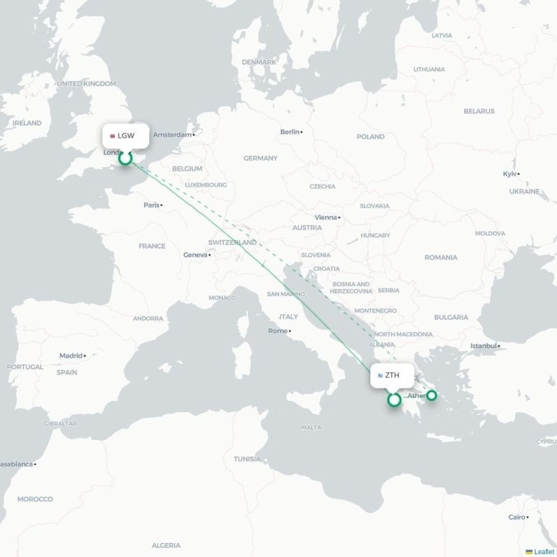 LGW - ZTH route map