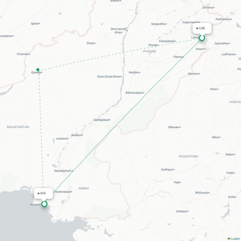 LHE - KHI route map
