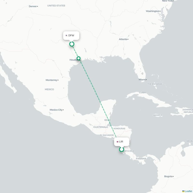 LIR - DFW route map