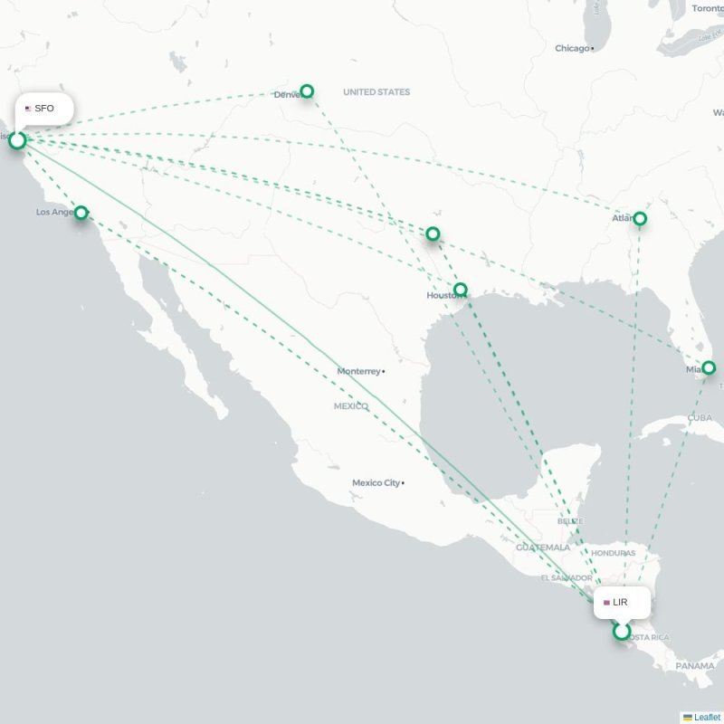 LIR - SFO route map