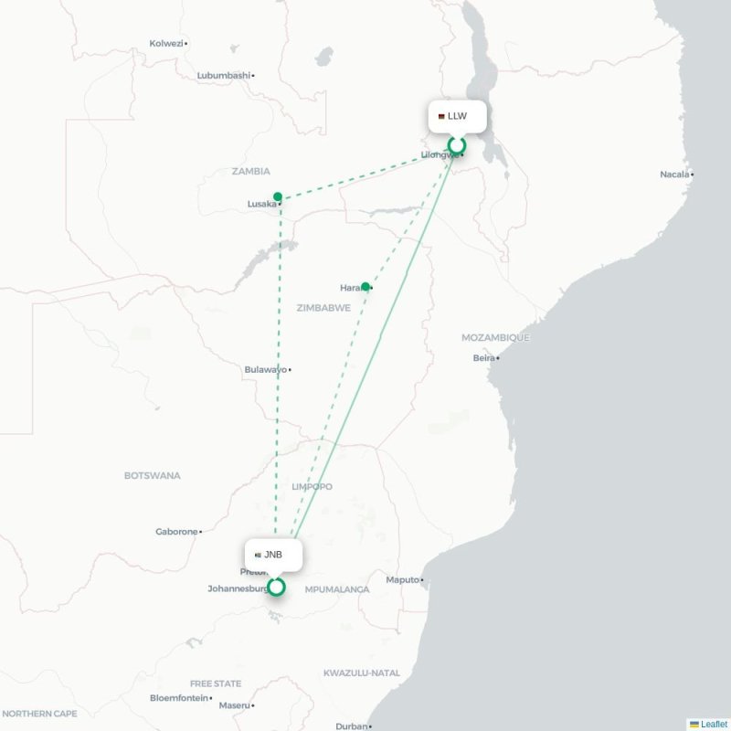 LLW - JNB route map