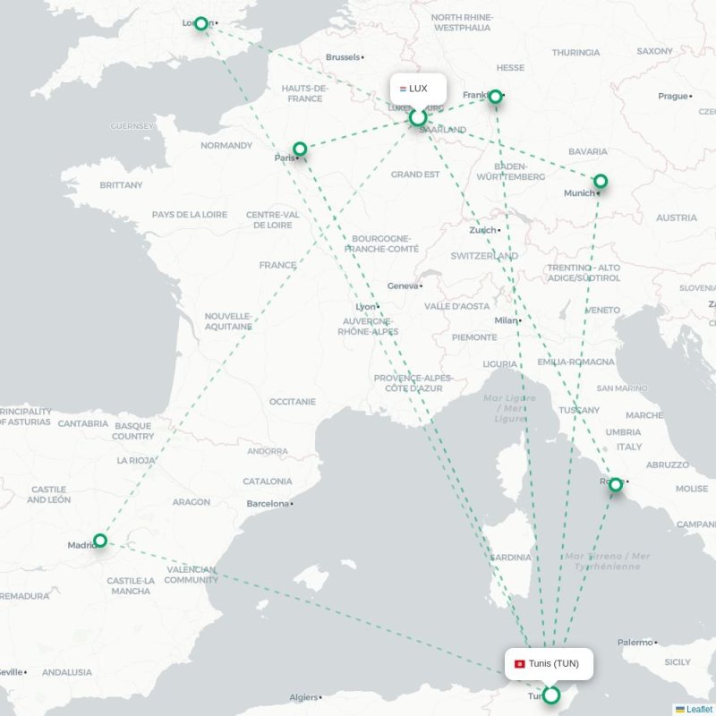 LUX - TUN route map